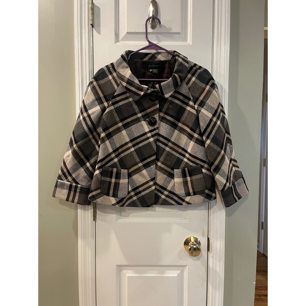 ZARA Wool Blend Cropped Plaid Swing Jacket Dark Academia Preppy Made in Spain M